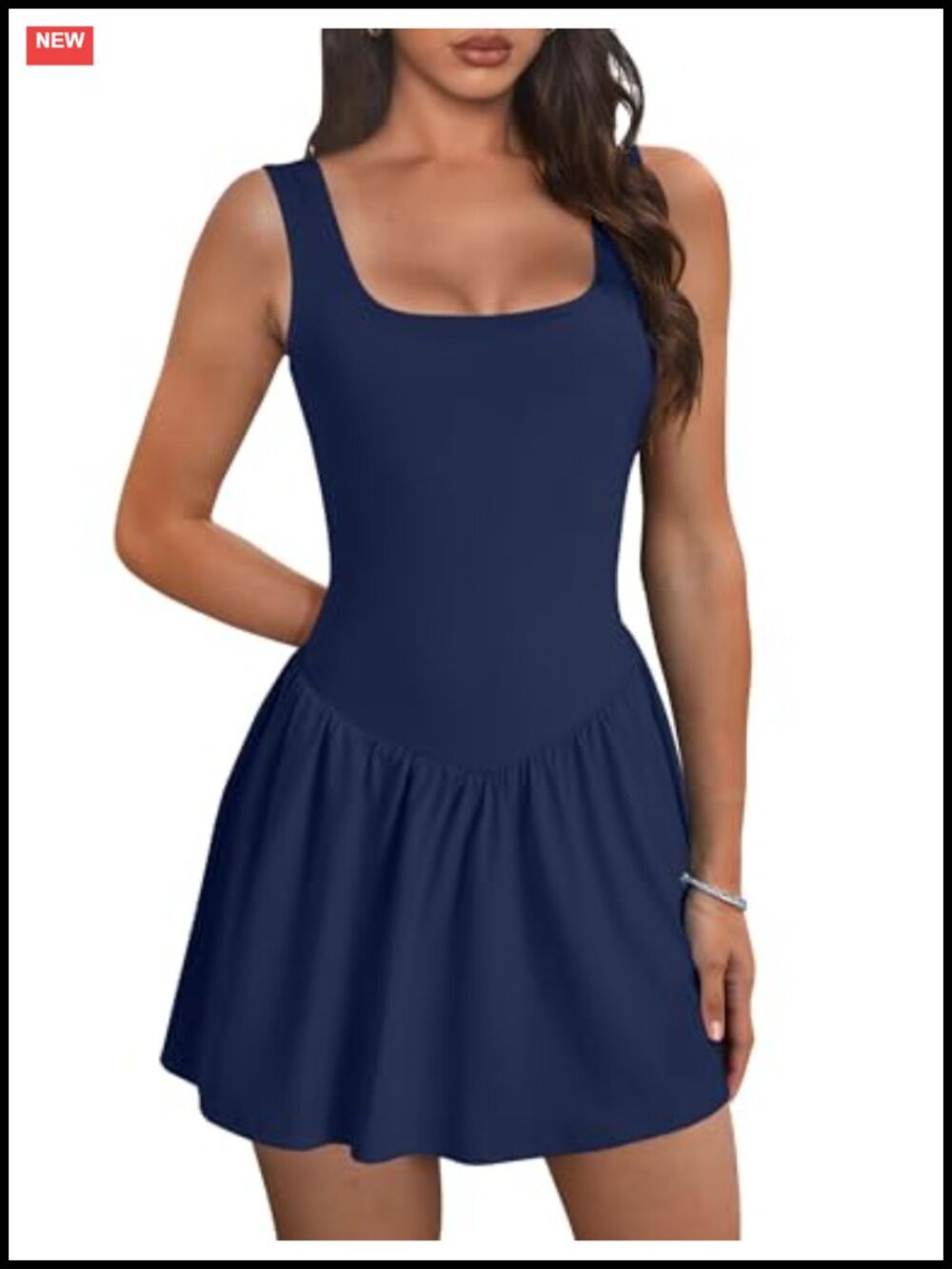 Women's Square Neck Tennis Dress with Skort & Pockets S-XXL